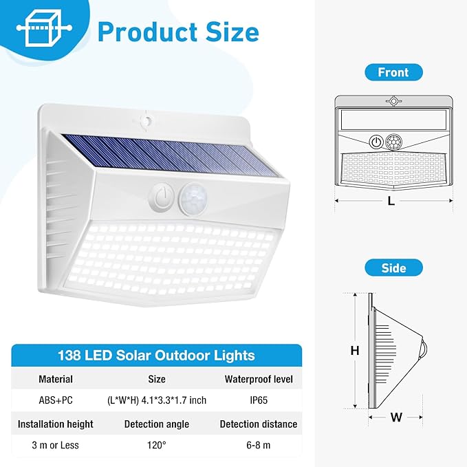 Peasur Solar Lights Outdoor Motion Sensor [138 LED/10 Packs] Solar Security Lights with 3 Lighting Modes Solar Wall Lights Waterproof Solar Powered Lights for Garden Fence Yard Deck, White