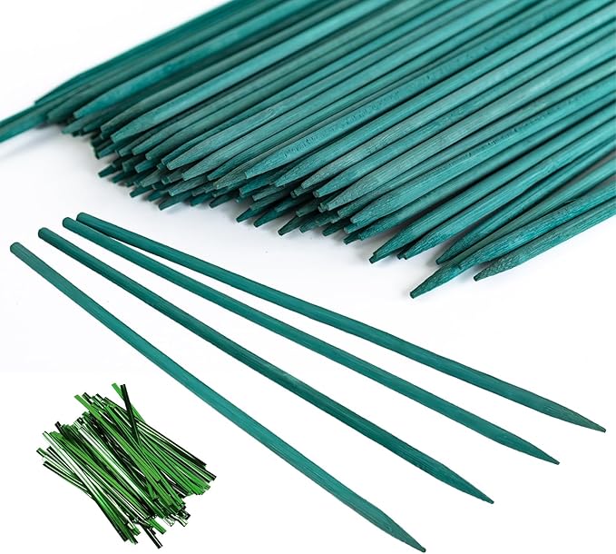 100 PCS 18” Bamboo Plant Stakes with Green Garden Ties - Sturdy Wooden Support Sticks for Indoor & Outdoor Potted Plants, Orchids, Tomatoes, Floral Gardening