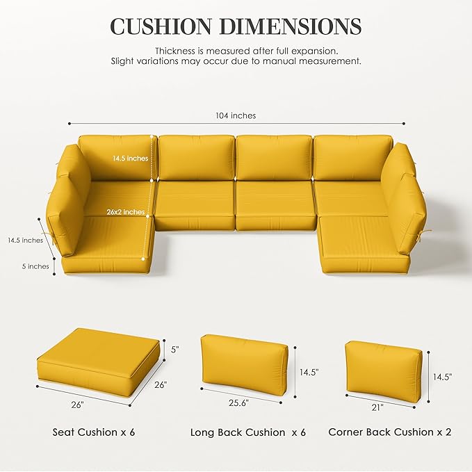 Outdoor Replacement Cushions for Patio Furniture, 5" Foam High-Density, 14-Piece Water-Resistant Outdoor Cushion for 6-Seat Sectional Patio Conversation Sets, Liner&Cover