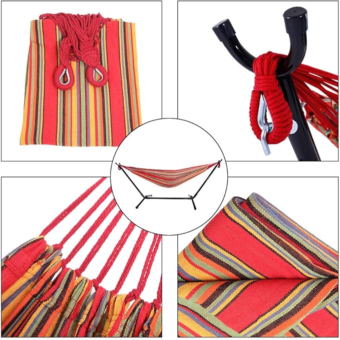 Portable Outdoor Polyester Hammock Set,Single Person Brazilian Hammock,Garden Cotton Hammocks,Indoor Swing Hammock Chair,with Stand & Carry Bag,for Outside Patio Porch Poolside Backyard (Red)