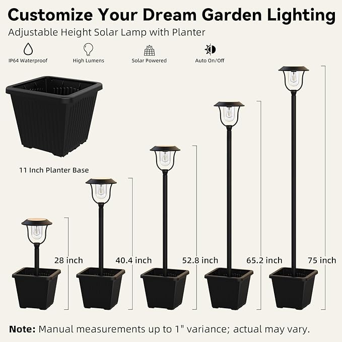 75" Solar Outdoor Light Waterproof, Aluminum 100 Lumens Solar Lamp Post Light with Planter, Auto On/Off Long-Lasting Warm White Outdoor Post Lamp for Garden, Backyard, Patio, Driveway Decor