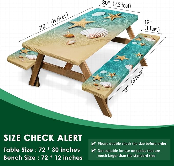 Picnic Table Cover with Bench Covers Elastic Edges, Beach Fitted Table Cover, Outdoor Patio Camping Essentials 72 Inch 3PCS, Waterproof Camping Fitted Tablecloth with Drawstring Bag