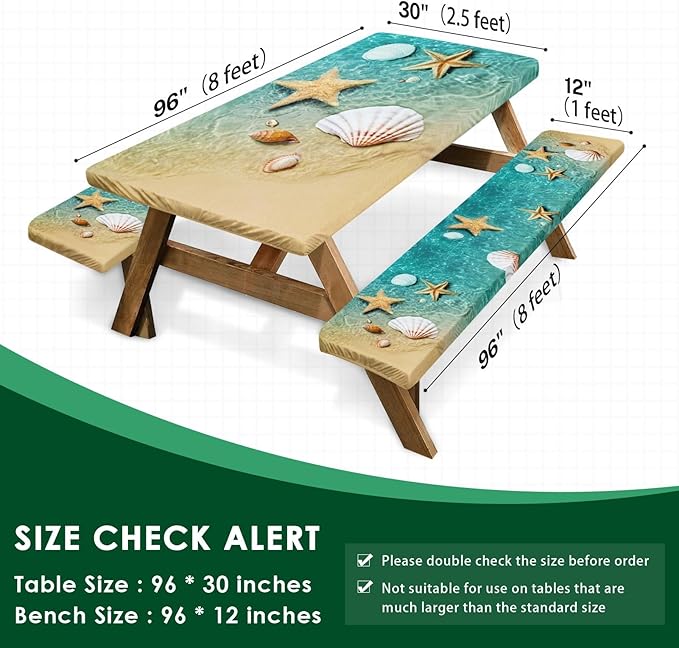 Picnic Table Cover with Bench Covers Elastic Edges, Beach Fitted Table Cover, Outdoor Patio Camping Essentials 96 Inch 3PCS, Waterproof Camping Fitted Tablecloth with Drawstring Bag