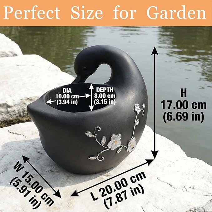 Swan Flower Pot - Unique Resin Sculpture, Enchanting Decorative Garden Planter, Elegant Swan Vase for Succulents & Air Plants, Indoor/Outdoor Use, Durable & Whimsical Design (Black)