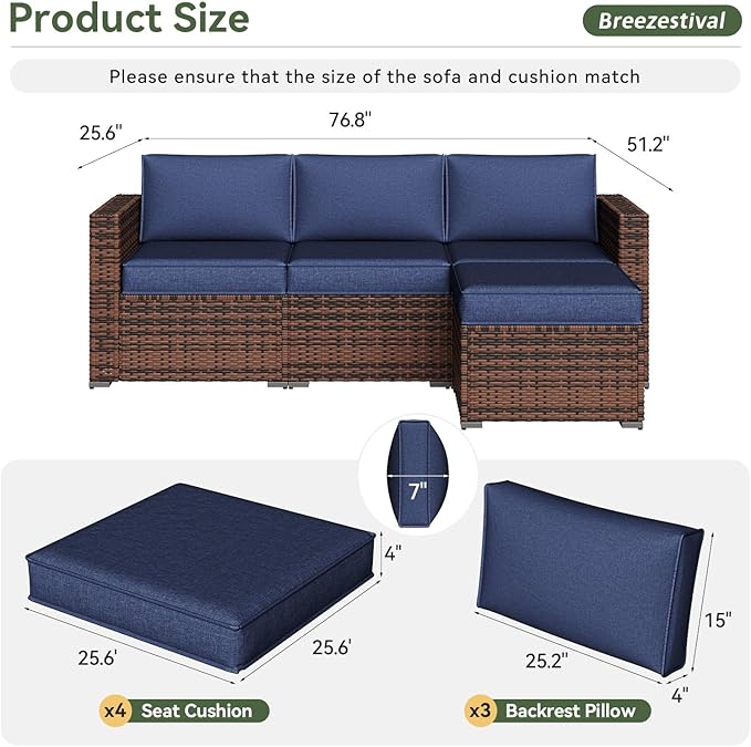 Replacement Cushions for Outdoor Furniture, 7-Piece Outdoor Cushions for Patio Furniture, Waterproof & Fade Resistant Couch Cushion for 4-Seat Patio Conversation Sets, Navy Blue