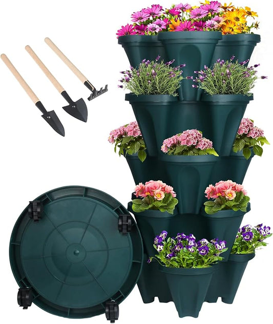 GameXcel Vertical Planter 5 Tier Stackable Planters Garden Planters Strawberry Herb Flower and Vegetable Planter Indoor Outdoor Gardening Pots with Removable Wheels and Tools