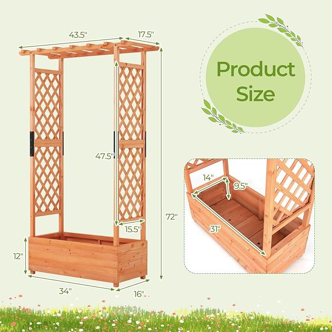 HAPPYGRILL 72" Raised Garden Bed with Trellis, 2 Pack Freestanding Wood Planter Box w/Hanging Roof & 2 Drainage Holes for Vine Climbing Plants Flowers, Outdoor Planter w/Trellis for Garden Patio