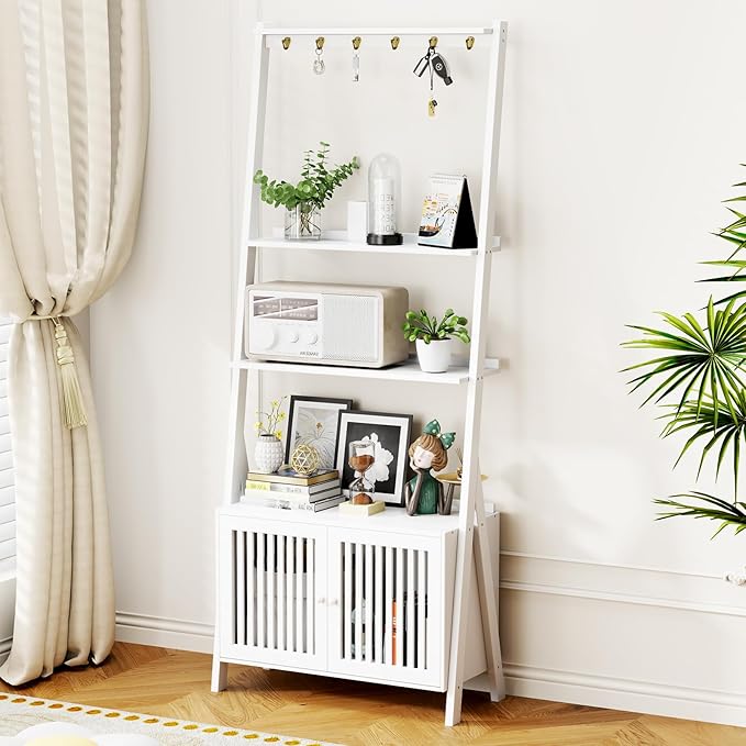 4-Tier Ladder Shelf with Drawers, Ladder Bookshelf with 6 Hooks, Tall Narrow Retro Bookcase, 24.8"L x 10.6"W x 59.5"H, Freestanding Storage Shelf for Living Room, Home Office, Bedroom, White