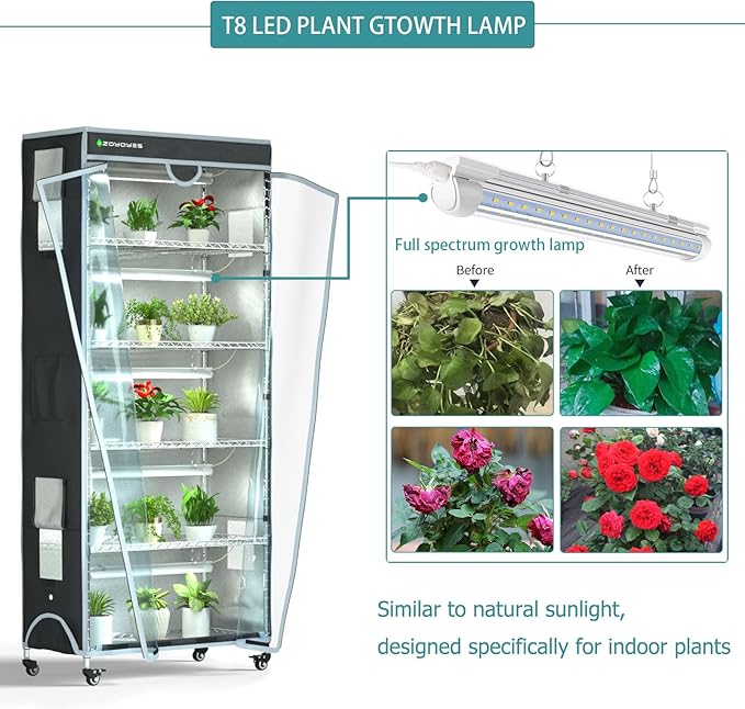Indoor Greenhouse 6-Tier Plant Rack with Cover, 5 T8 Grow Lights, Thermometer & Timer – Seedlings, Flowering, Herbs & Vegetables, Indoor Gardening, Easy Assembly 30" W x 14" D x 72" H