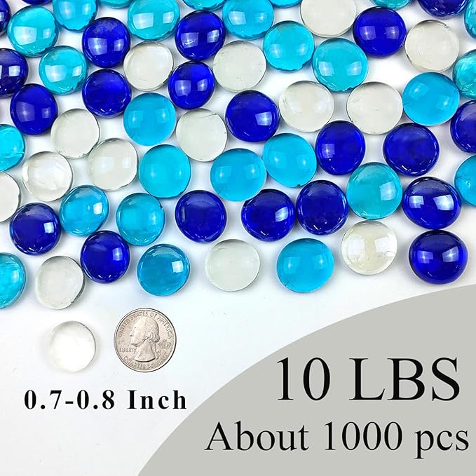 10LB Fire Pit Glass, Mixed Blue Flat Glass Marbles for Vase Fillers. Decorative Glass Pebbles for Fish Tank Fountains Garden Crafts Table Scatter and Home Decor
