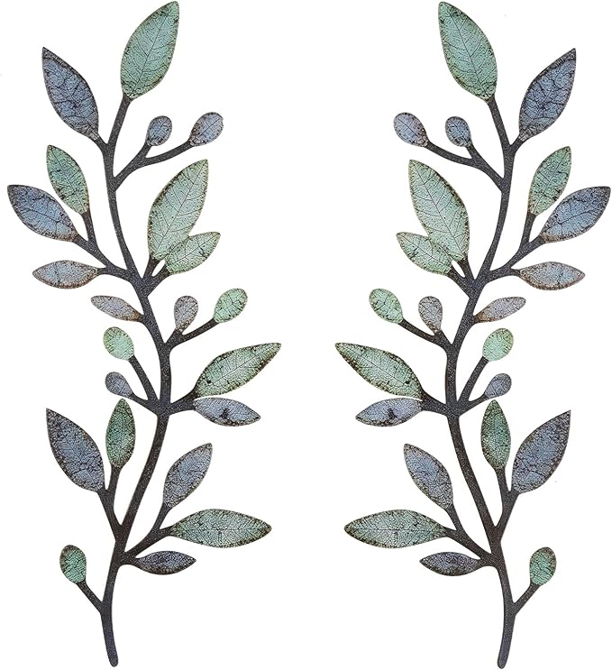 Gthiely 2 Pcs Metal Leaf Wall Decor - Vintage Blue Green Wall Art for Bedroom Living Room Bathroom Rustic Farmhouse Indoor Outdoor (Olive Branch, Each 15x6 inches)