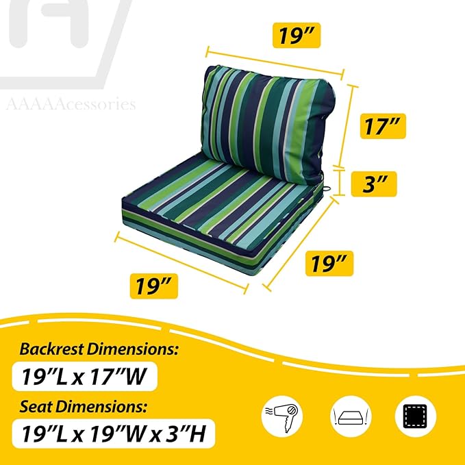 AAAAAcessories Outdoor Seat Cushions for Chairs, Fade-Resistant, Waterproof Patio Furniture Replacement Cushions, 19" x 19" x 3" + 19" x 17", Stormy Teal Coastal Stripe
