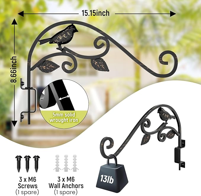 2 Pack Plant Hangers Outdoor 15.15 inch Swivel Plant Wall Hanger Sturdy Wrought Iron Plant Hangers Indoor Wall Mount, Hanging Plant Bracket for Bird Feeders, Planters, Lanterns, Wind Chime