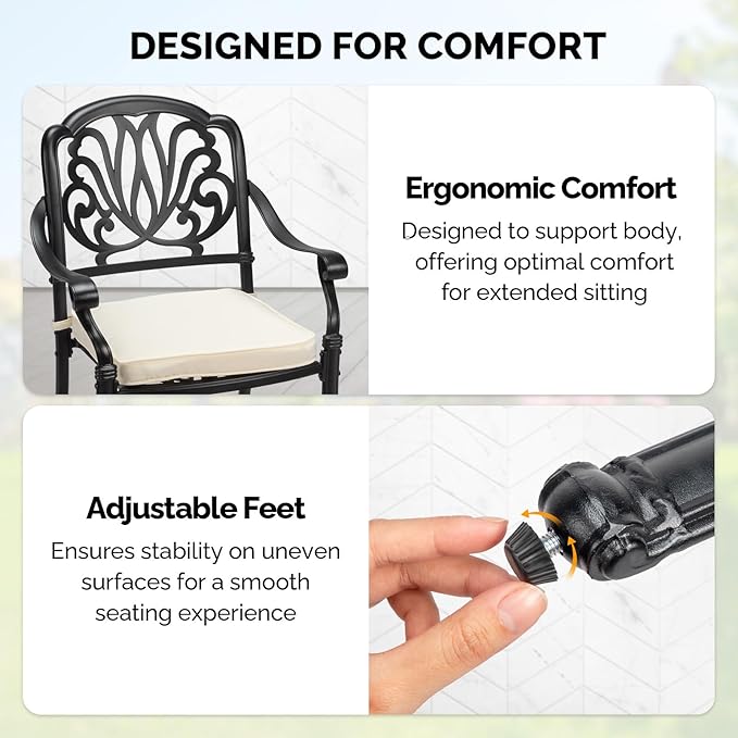 VINGLI Patio Chairs Set of 4 - Stackable Outdoor Cast Aluminum Dining Chairs with Vintage Black Finish and Floral Pattern, Metal Armchairs for Poolside, Backyard, Balcony (with Cushion)