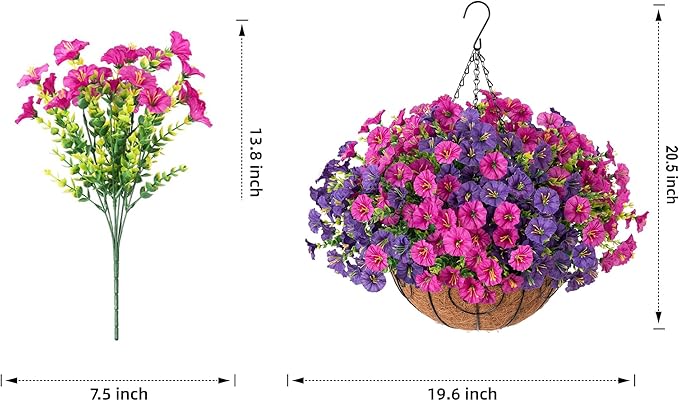 Ivydale 2 Set Artificial Flowers Hanging Baskets for Outdoors Fake Spring Plants, 24 Pcs UV Resistant Faux Silk Morning Glory with 2 Hanging Planters Look Real for Outside Porch Patio Outdoor Decor