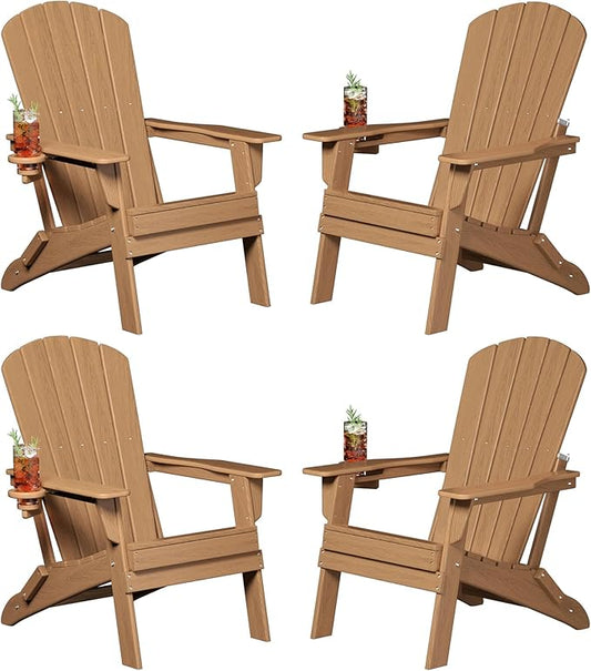Plawdlik Folding Adirondack Chair, SGS Tested, Wooden Textured with Cup Holder, Heavy All-Weather HDPE Comfortable Set Poolside Backyard Lawn Teak Set 4