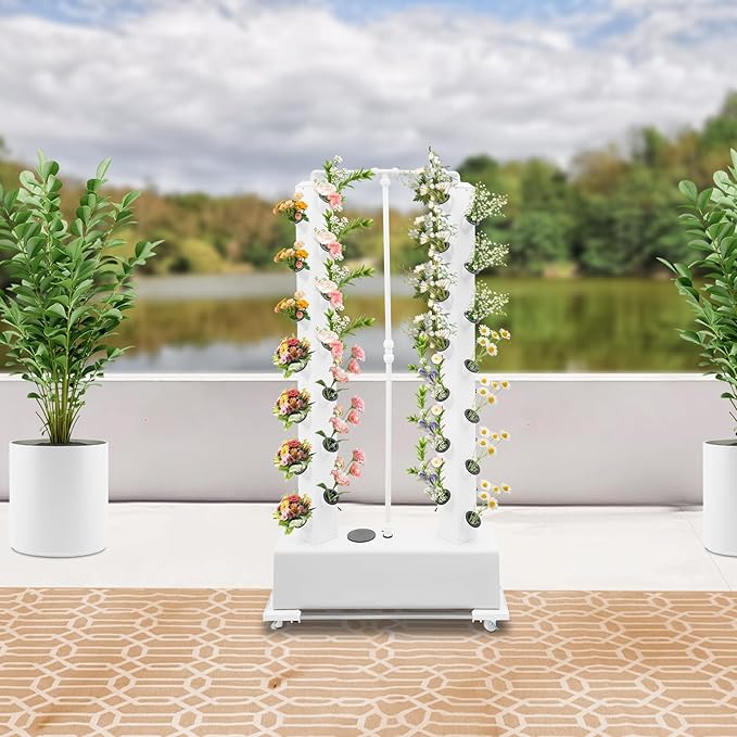 Hydroponic Growing System, 56-Plant Hydroponic Tower Outdoor Indoor Garden Vertical Planter Germination Kit with Water Pump, Intelligent Water Circulation & Timer Function for Gardening Lover (White)