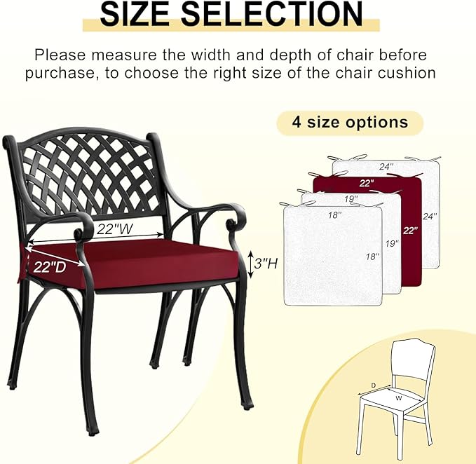 downluxe Waterproof Outdoor Chair Cushions for Patio Furniture, 22" x 22" x 3" Patio Chair Cushion with Adjustable Ties & Portable Handle, Square Outdoor Cushion with Removable Cover, Burgundy, 2 Pack