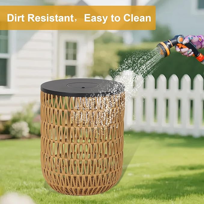 HMVPL Solar Outdoor Side Table Set of 2 with Dimmable Light, Round Patio Side Table for Outside, Outdoor End Accent Tables, Plastic Rattan Patio End Table for Poolside Backyard Gazebo, Dusk to Dawn