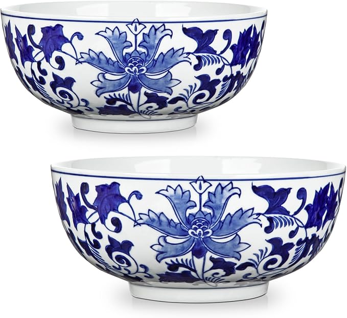 Hollyone Set of 2 Blue and White Vase Porcelain Planters 7 + 9 inch Garden Bowl Modern Ceramic Pots Classic Chinese Floral Vase for Indoor Outdoor Succulents Bonsai Fairy Gardens Herbs