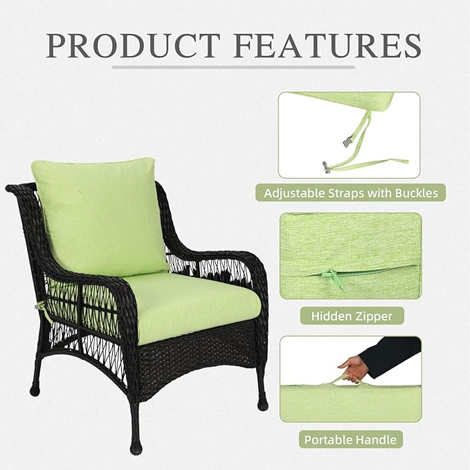 Aoodor 24" x 24" Patio Deep Seat Cushion Set, Water Resistant & Fade Resistant Outdoor Furniture Cushions with Adjustable Straps for Patio, Deck, Garden, Set of 2, Green