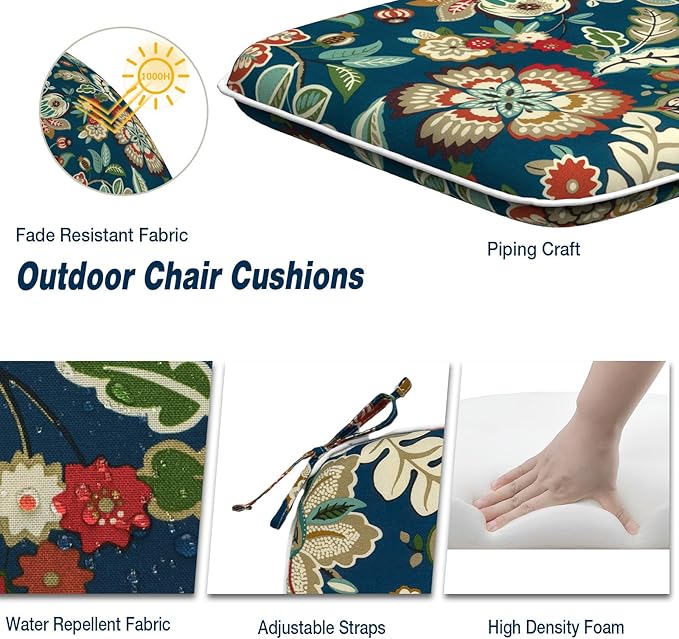 Outdoor Chair Cushions Set of 2, Water Resistant Patio Chair Pads with Ties, Seat Cushions for Home Garden Furniture Decoration, 16"x17", Peacock Blue