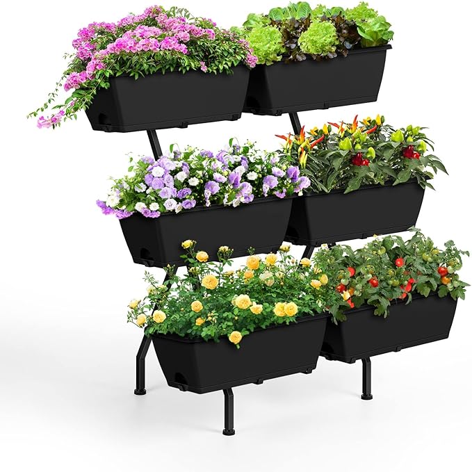 Raised Garden Beds Outdoor with 6 Garden Planter Boxes Freestanding Vertical Raised Bed for Gardening with Legs, Elevated Herb Garden Planter with Water Drainage for Patio, Balcony, Backyard, Black