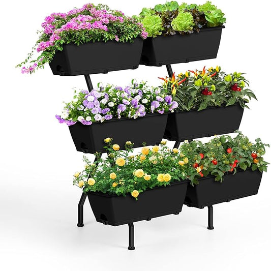 Raised Garden Beds Outdoor with 6 Garden Planter Boxes Freestanding Vertical Raised Bed for Gardening with Legs, Elevated Herb Garden Planter with Water Drainage for Patio, Balcony, Backyard, Black
