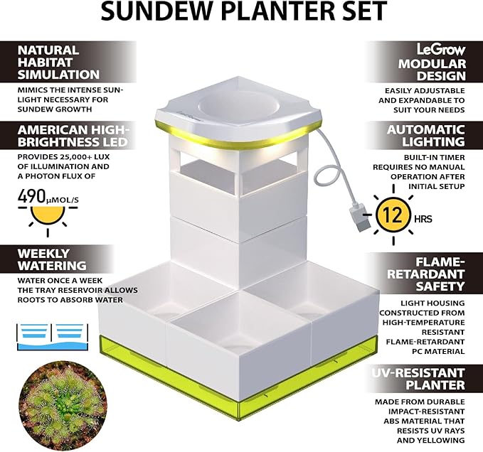 LeGrow Sundew System – Designed for First-Time Growers, Self-Watering Carnivorous Plant Pot with Visible Water Tray & 12H Grow Light for Drosera & Pinguicula [No Plant]