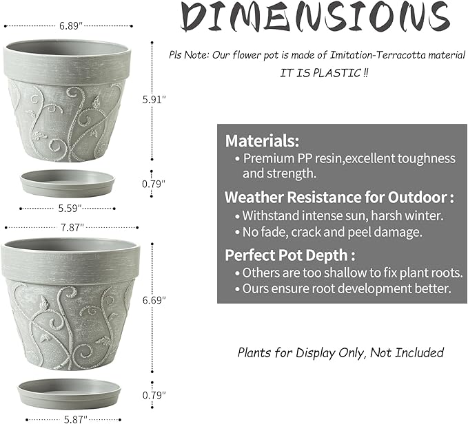 Melphoe Plant Pots Indoor with Drainage & Saucer, 2Pack 7/8 inch Flower Pots Outdoor Planters for Indoor Plants Garden Home Decor Cactus Succulent, Rigid Plastic (Imitation-Terracotta) Vine-Embossed