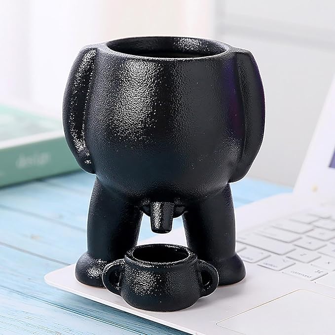 Ceramic Funny Plant Pots Piss Pot Planter Novelty Gift Tabletop Peeing Planters Small Flower Pots Vase with Drainage Hole for Plants Flowers Home Office Garden Decor, Black