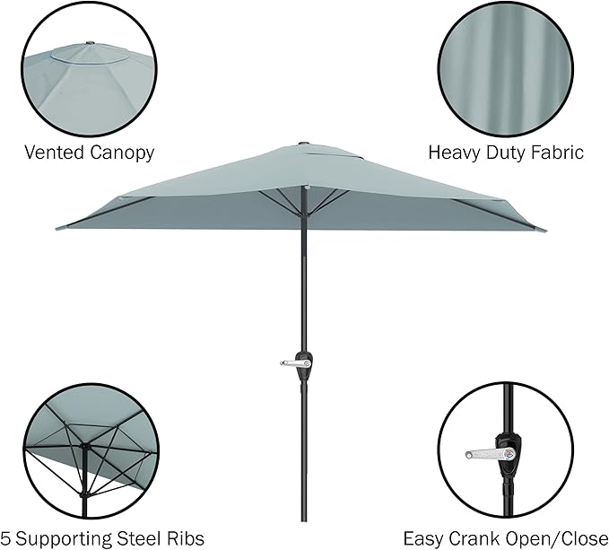 9-Ft Half Patio Umbrella Easy Crank Semicircle Balcony Shade with 20lb Weighted Base for Deck, Porch, or Against a Wall by Pure Garden (Dusty Green)
