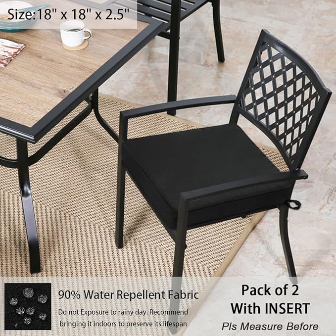 Outdoor Chair Cushions 18x18 Inch,Set of 2,Water Resistant Chair Pads with Ties,Square Seat Cushion 18"x18"x2.5",Patio Chair Cushion for Garden,Backyard Furniture(Black)