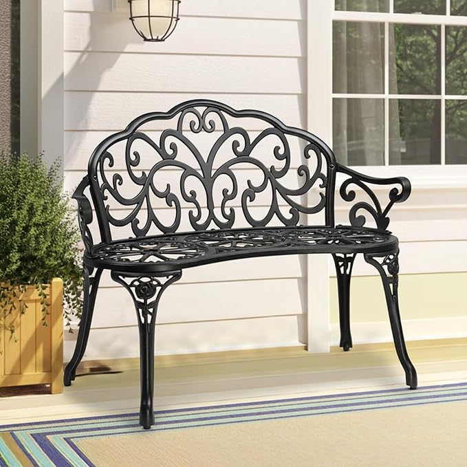VINGLI 38.5" Patio Park Garden Outdoor Metal Rose Bench, 2-Person Cast Iron Cast Aluminium Frame Antique Finish Chair,Accented Lawn Front Porch Path Yard Decor Deck Furniture (Black, Butterfly)