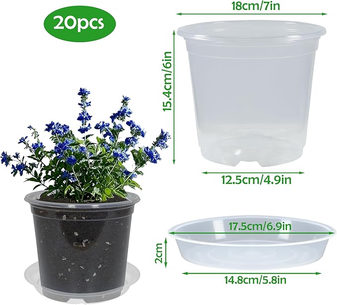 20 Pack 7 Inch Nursery Pots with Drainage and 20 Pack Plant Saucers, Plant Pots for Plants Transparent Flower Potting Containers for Plants Clear Seeding Starter Pot (Clear, 7 Inch)