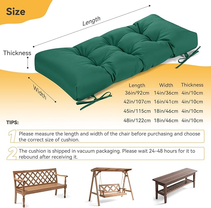 ROFIELTY Outdoor Bench Cushion, Waterproof/Sun-Proof Fabric, Tufted Bench Cushion with 2 Ties, Suitable for Outdoor Garden Bench/Swing/Indoor Furniture (Green, 36×14×4)