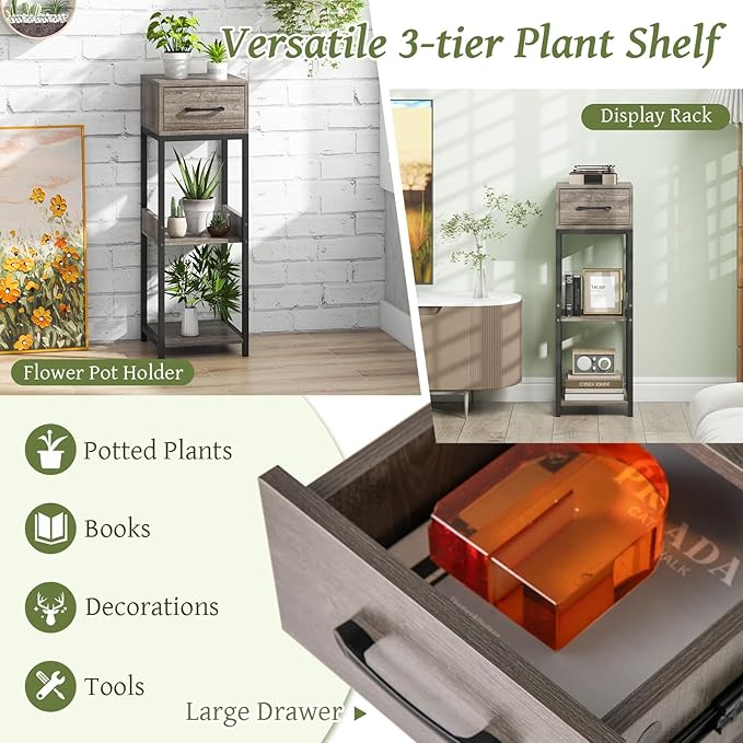 Giantex 3 Tier Tall Plant Stand Indoor, 36 Inch Corner Plant Holder with Drawer & Metal Frame, Modern Plant Shelf for Multiple Flower Pots, Square Plant Tables for Balcony, Living room, 1 Pack