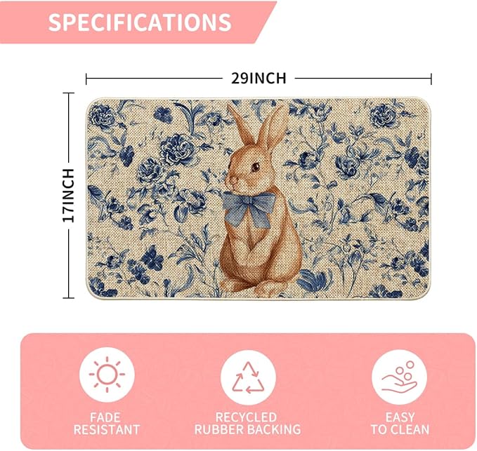 Artoid Mode Rabbit Bunny Blue Porcelain Flowers Bow Easter Doormat, Home Decor Low-Profile Switch Rug Door Mat Floor Mat for Indoor Outdoor 17x29 Inch
