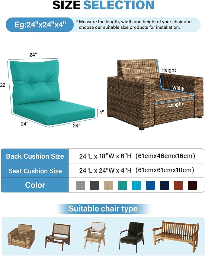 YEFU 24x24 Outdoor Cushions for Patio Furniture: Waterproof Fade Resistant Outdoor Seat Cushions Set of 2 - Olefin Deep Seat Paio Cushion Pads Replacement with Ties for Chair Sofa Couch(Teal)