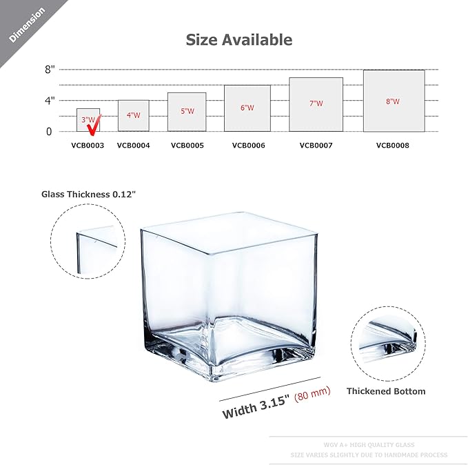WGV Cube Glass Vase Bulk, Candle Holder, 3"x3"x3", Clear Elegant Floral Accent Container Planter Terrarium Storage for Wedding Party Ceremony Event Office Home Decor, 24 Pieces