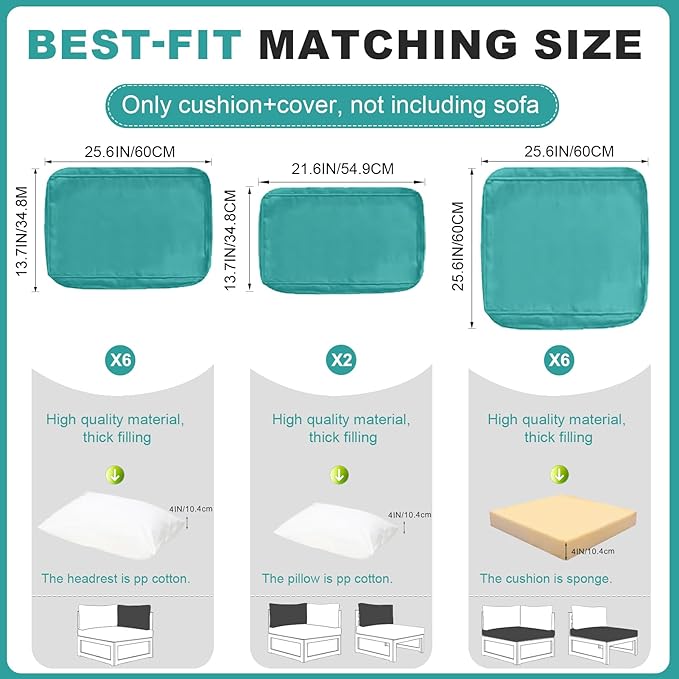 Patio Sectional Cushions, 14-Piece Replacement Cushions for Outdoor Furniture, Water-Resistant Outdoor Sofa Cushion for 6-Seat Rattan Wicker Sectional Conversation Sets (Turquoise)