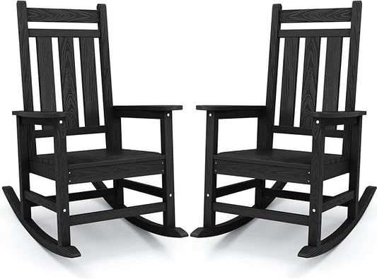 KINGYES Outdoor Rocking Chair Set of 2, All-Weather Patio Rocking Chairs for Porch, HDPE Rocking Outdoor Chairs with High Back for Adult, Heavy Duty Outdoor Patio Rockers for Garden, Lawn, Black