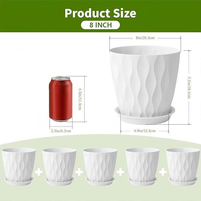 Plant Pots 8 Inch, 6 Pack Plastic Flower Pots for Indoor & Outdoor Plants, Planters with Drainage Holes and Saucer, Garden Pot for Plants (White)