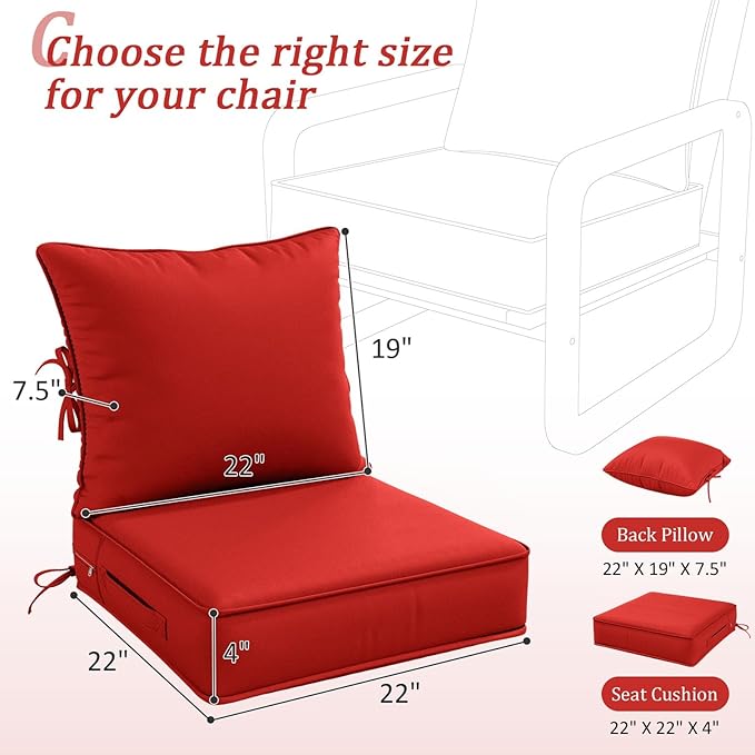 Outdoor Patio Chair Cushions Set 22 L X 22 W X 4 H Waterproof & Fade Resistant Deep Seat and Back Cushions with Removable Covers Outdoor Seat Cushion Set for Chairs and Sofas