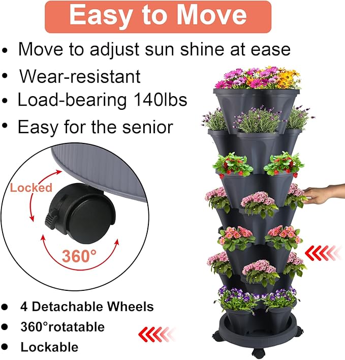 GameXcel Vertical Planter Tower- 7 Tier Stackable Garden Planter with Wheels and Tool Set – Grow Strawberries Herbs Flowers and Vegetables - Indoor Outdoor Use Dark Gray