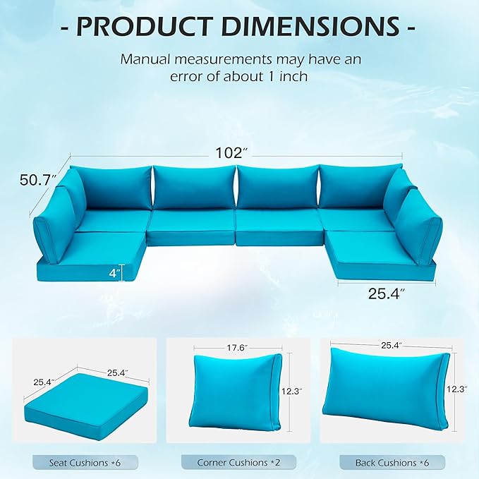 HOMREST Outdoor Replacement Cushions for Patio Furniture,Water-Repellent Sofa Cushion for 6-Seat Rattan Wicker Sectional Patio Conversation Sets,14-Piece Cushions Set for Outdoor Couch（Lake Blue）