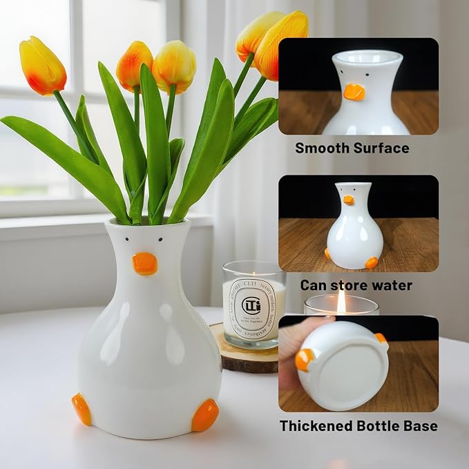 Handcrafted Ceramic Duck Vase - White Modern Flower Vase with Unique Duck Design - Round Aesthetic Table Decor - Funky and Trendy Art Vase