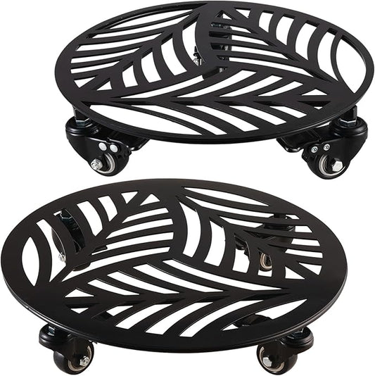 2 Packs Large Metal Plant Caddy with Wheels 13.6" and 12" Heavy-duty Wrought Iron Rolling Plant Stands with PU Metal Casters Indoor Outdoor Round Plant Pot Roller Base Planter Movers, Glossy Black