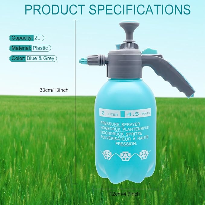 0.5 Gallon Handheld Pump Sprayer, 2L Garden Pressure Sprayer, 68oz Water Spray Bottle with Safety Valve, Adjustable Nozzle, for Watering,Plant Spraying, Home Cleaning, Fertilizing (Sky Blue)