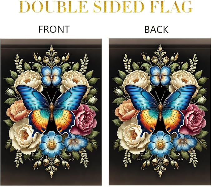 Blue Butterfly Garden Flag 12x18 Inch Double Sided Outdoor Yard Banner Colorful Floral Butterfly Design for Spring Summer Porch Patio Lawn Garden